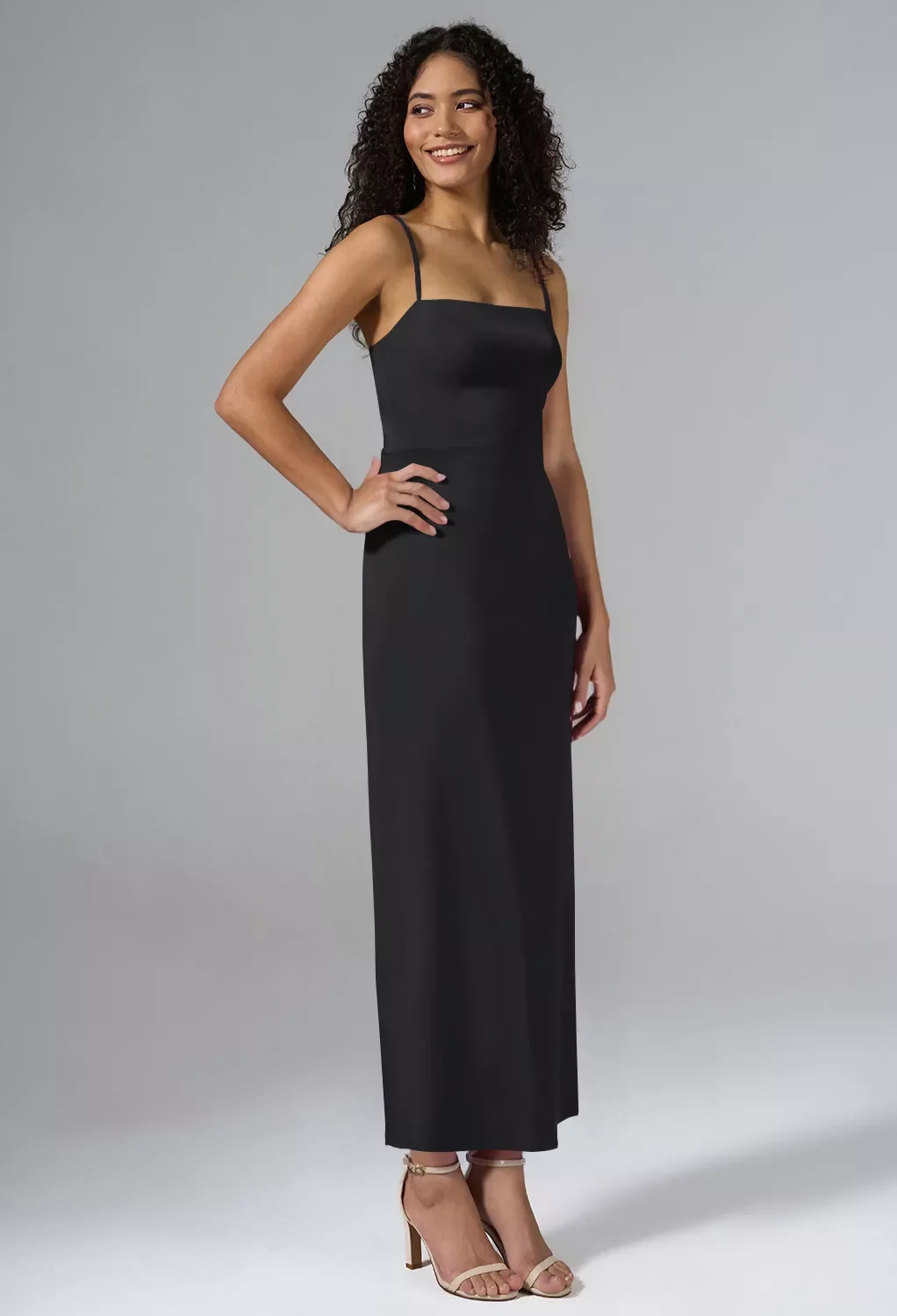 AW Laila Dress, Black Metallic Satin Charmeuse Ankle Length Square