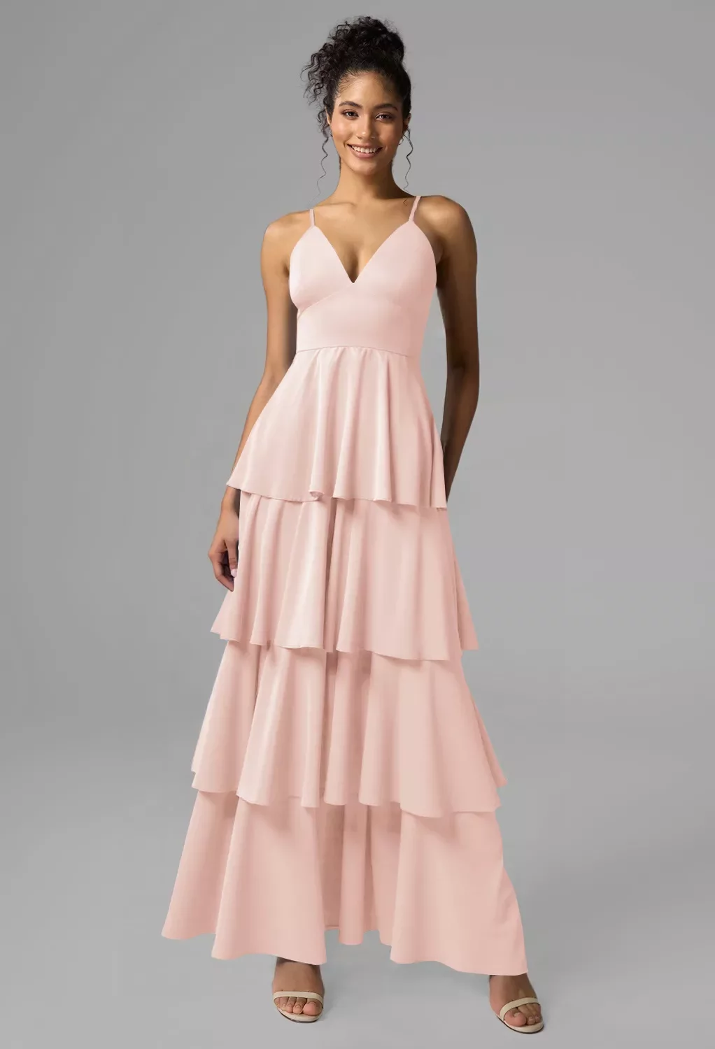 AW Lachlan Dress, Pearl Pink Satin Charmeuse Ankle Length V-Neck