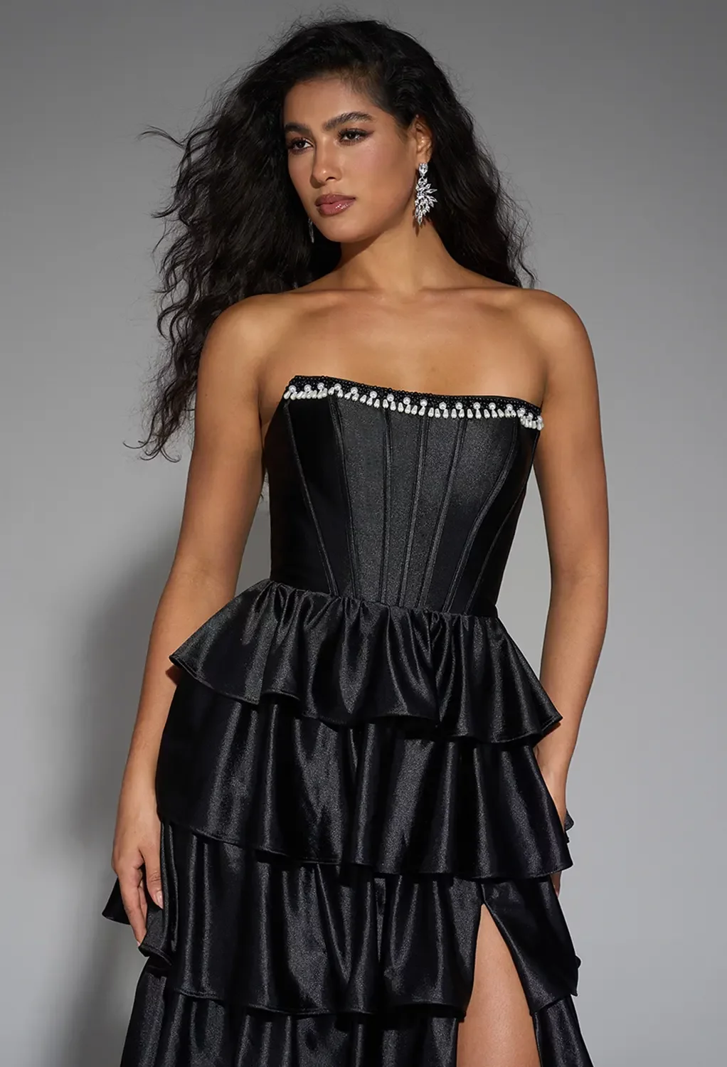 AW Anais Dress, Black Stretch Satin Floor Length Straight Neckline
