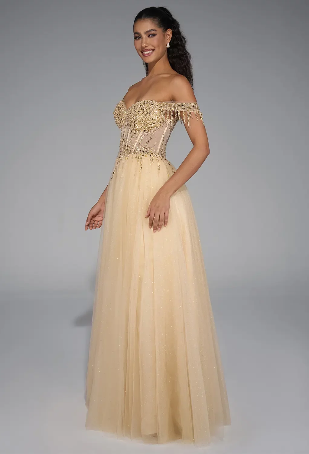 AW Zainab Dress, Champagne Tulle Floor Length Sweetheart Neckline