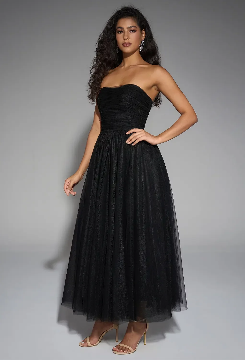 AW Hope Dress, Black Tulle Ankle Length Straight Neckline New