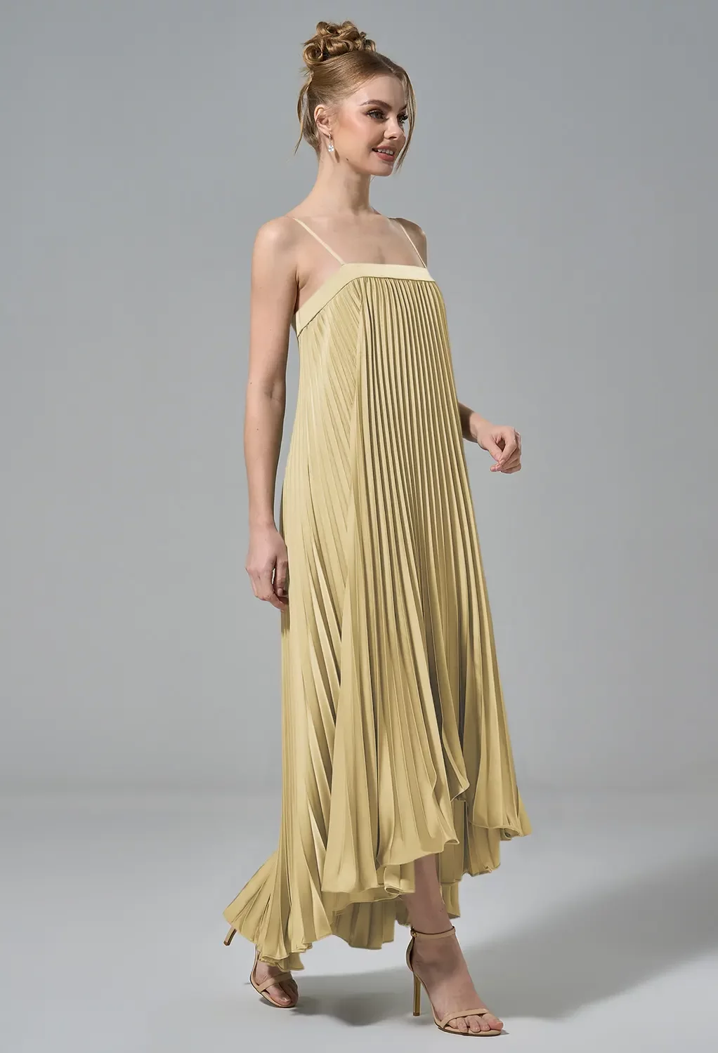 AW Daria Dress, Sand Gold Crystal Satin Satin Charmeuse Stretch