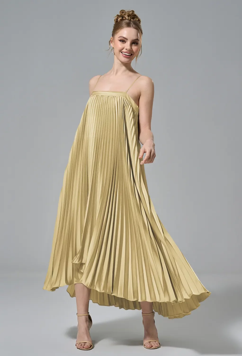 AW Daria Dress, Sand Gold Crystal Satin Satin Charmeuse Stretch
