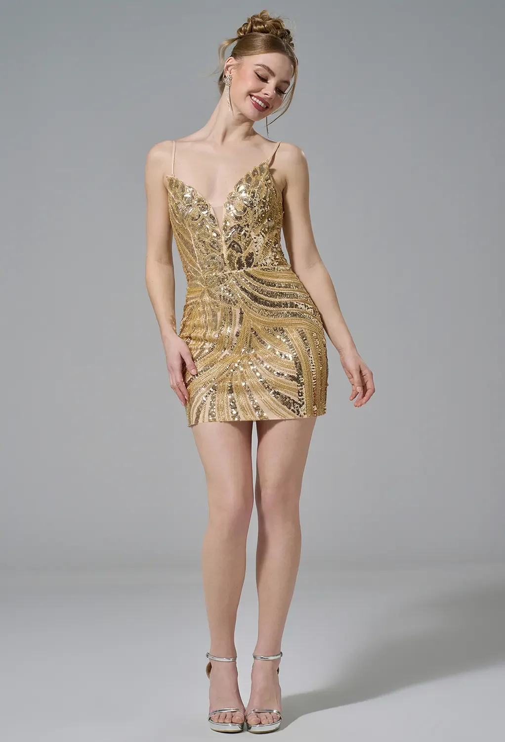 gold casual dress 2023 Fashion Women's Sequin Sling feminine charm AW.Bridal Column V-Neck Mini/Short Sleeveless