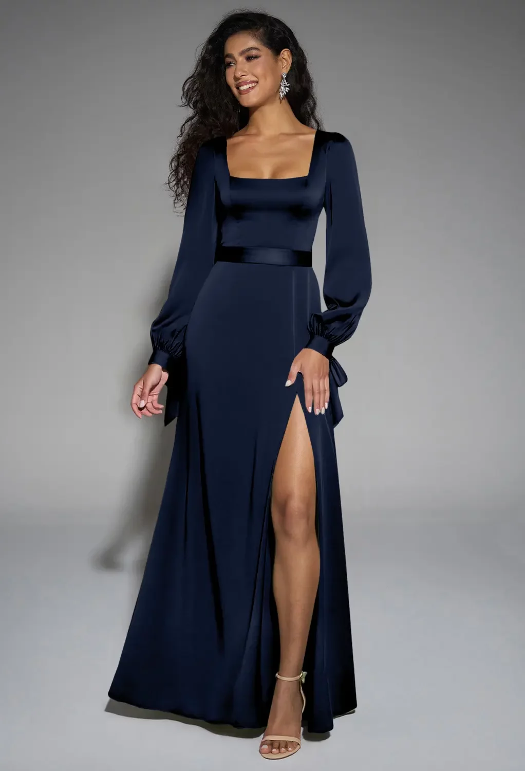 AW.Bridal A-line Square Neckline Floor Length Long Sleeves Puff Sleeves Satin Split Long Bridesmaid Dresses Dress Navy Size 4