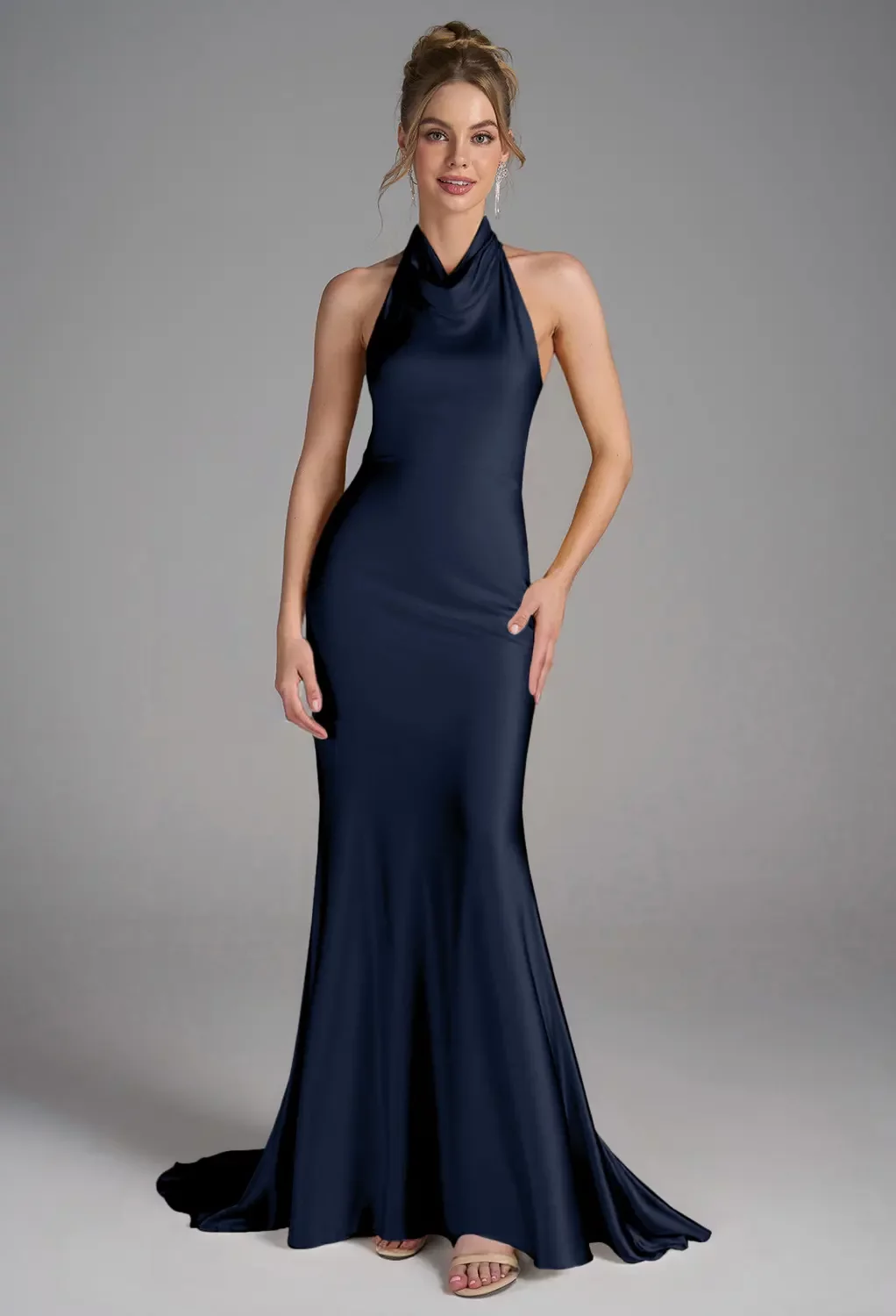halter neck bridesmaid dress Six Stories Womens Rust Halterneck Slim-Fit Satin Maxi 18 back design enhances the back of the dress Sheath Halter Neck Stretch Satin