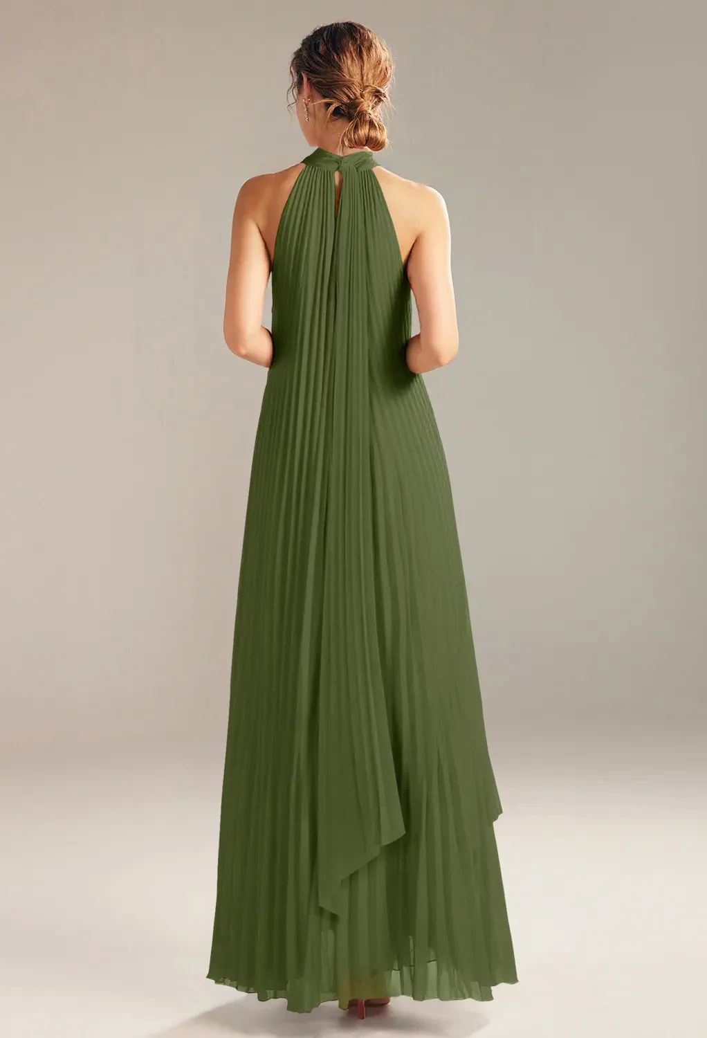AW Louise Dress, Green Olive Chiffon Floor Length Turtleneck Bridesmaid  Dresses | AW.Bridal