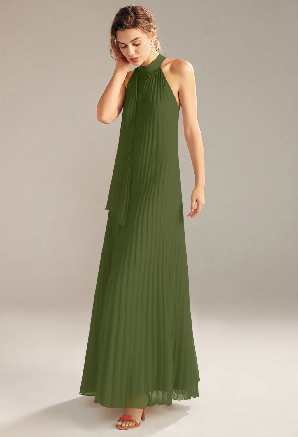 AW Louise Dress, Green Olive Chiffon Floor Length Turtleneck Bridesmaid  Dresses | AW.Bridal