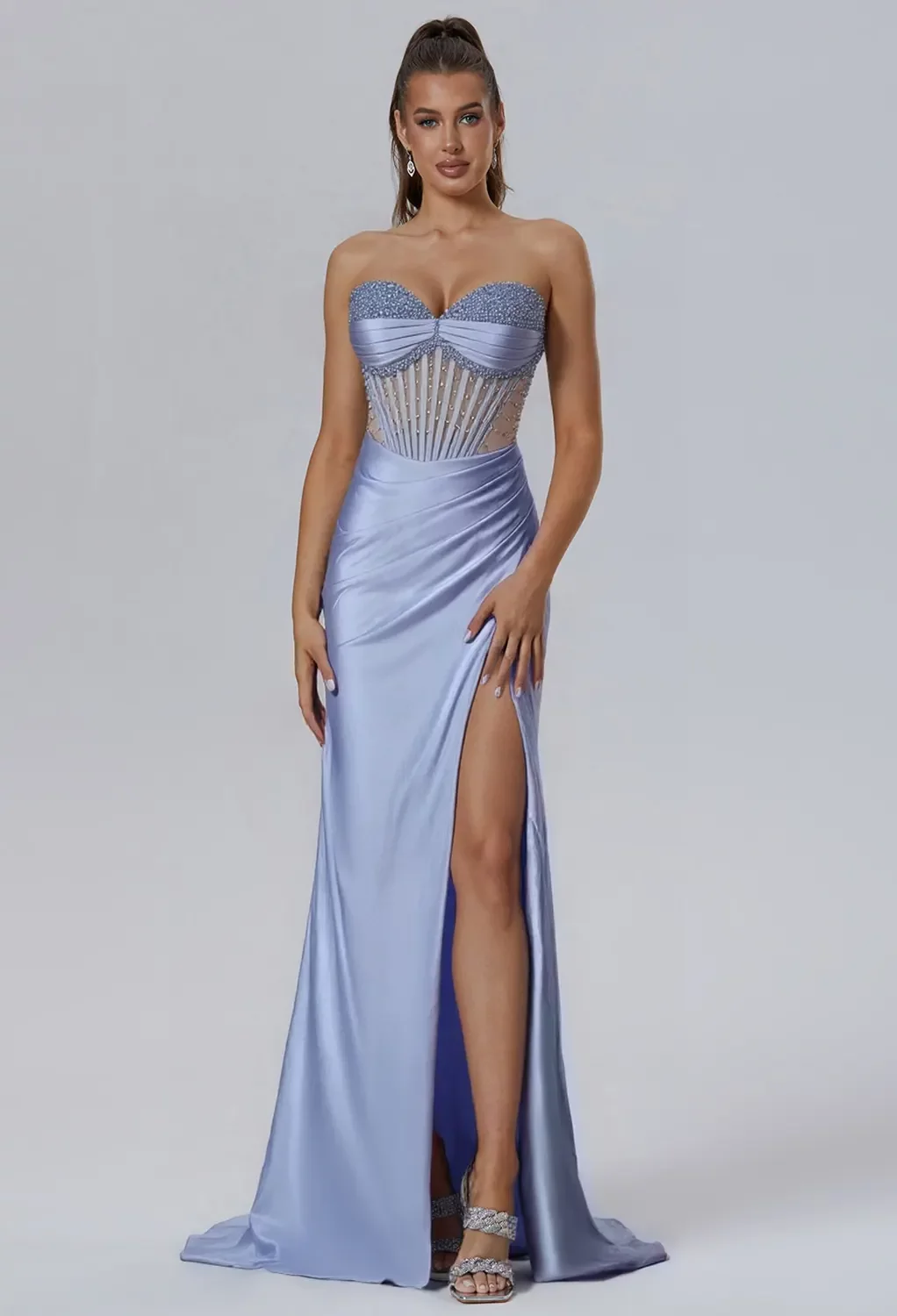 dusty blue evening dress Dusty Blue Plunging Neck Empire Slit Charmeuse Bridesmaid Dress