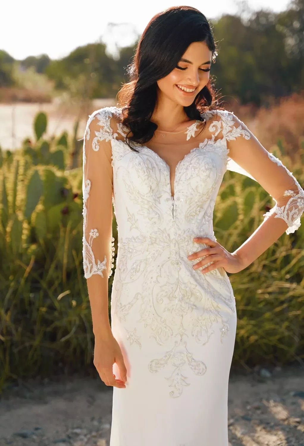 white ivory wedding dress Floral Lace Illusion Sleeve Plunging A-Line Wedding Dress