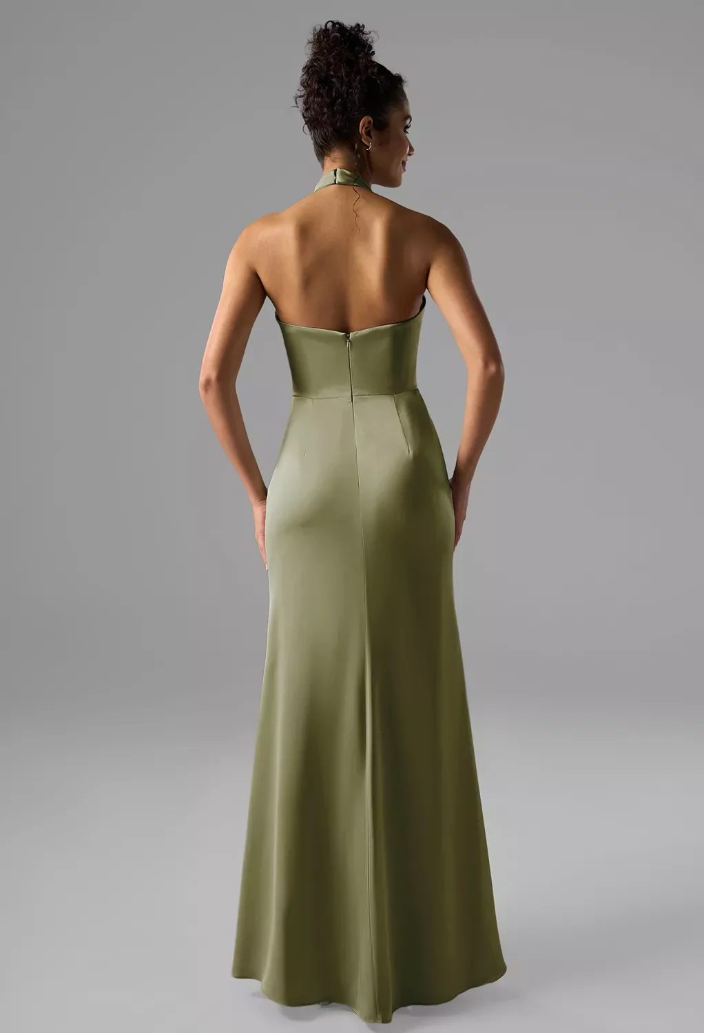 seed green dress AW.Bridal Mermaid Turtleneck Floor Length Sleeveless Satin Ruching Split Plus Size Dresses Dress Fennel Seed Size 8