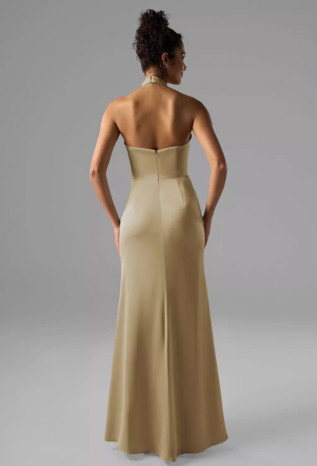AW.Bridal Mermaid Turtleneck Floor Length Sleeveless Satin Ruching Split Plus Size Dresses Dress Apricot Plus Size 16