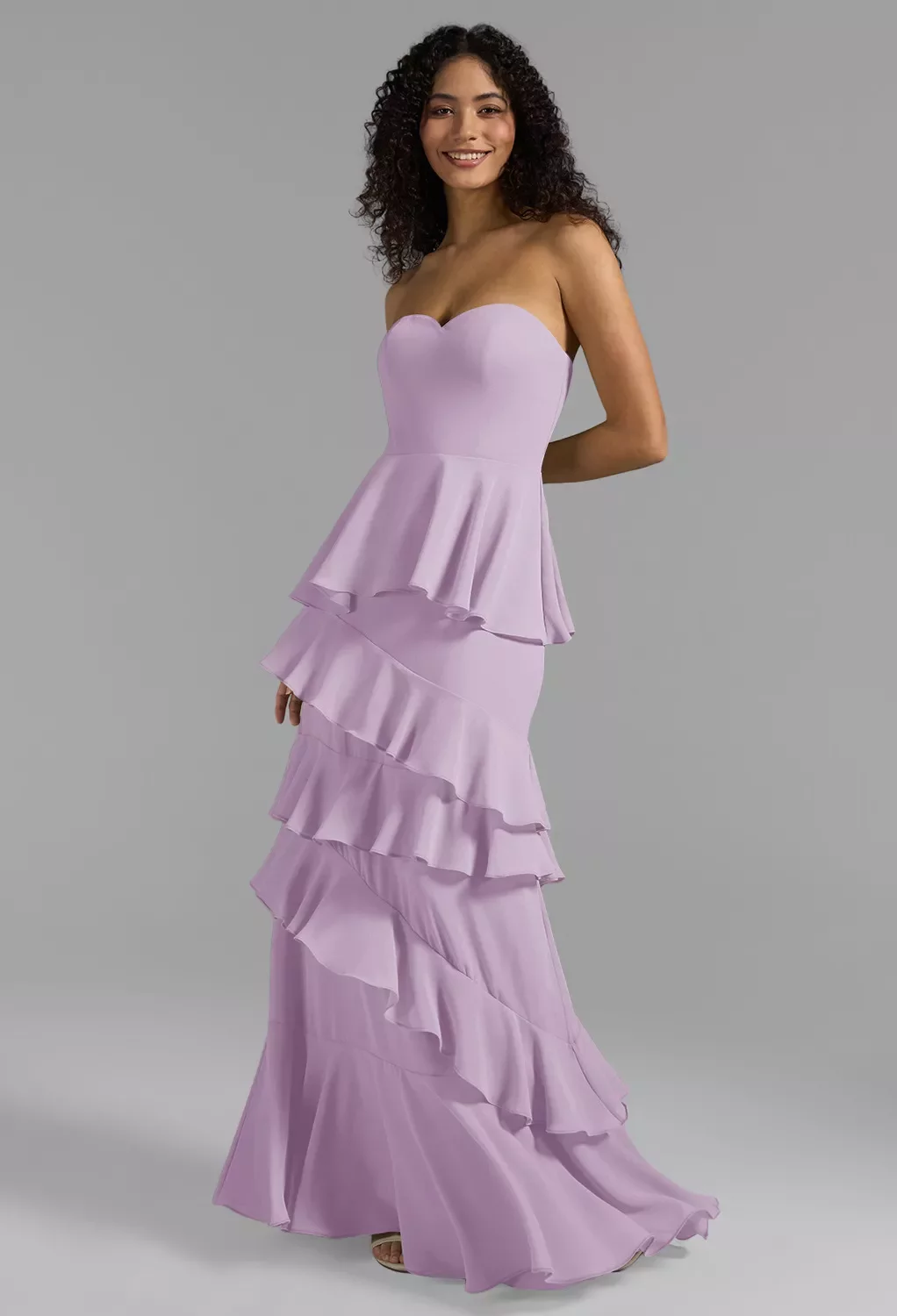 white christmas dresses Zapaka Women Lilac Ruffled A-Line Chiffon Bridesmaid Dress with Sash V-Neck Wedding Guest Dress with Slit, Chiffon Color / US8 main image 1