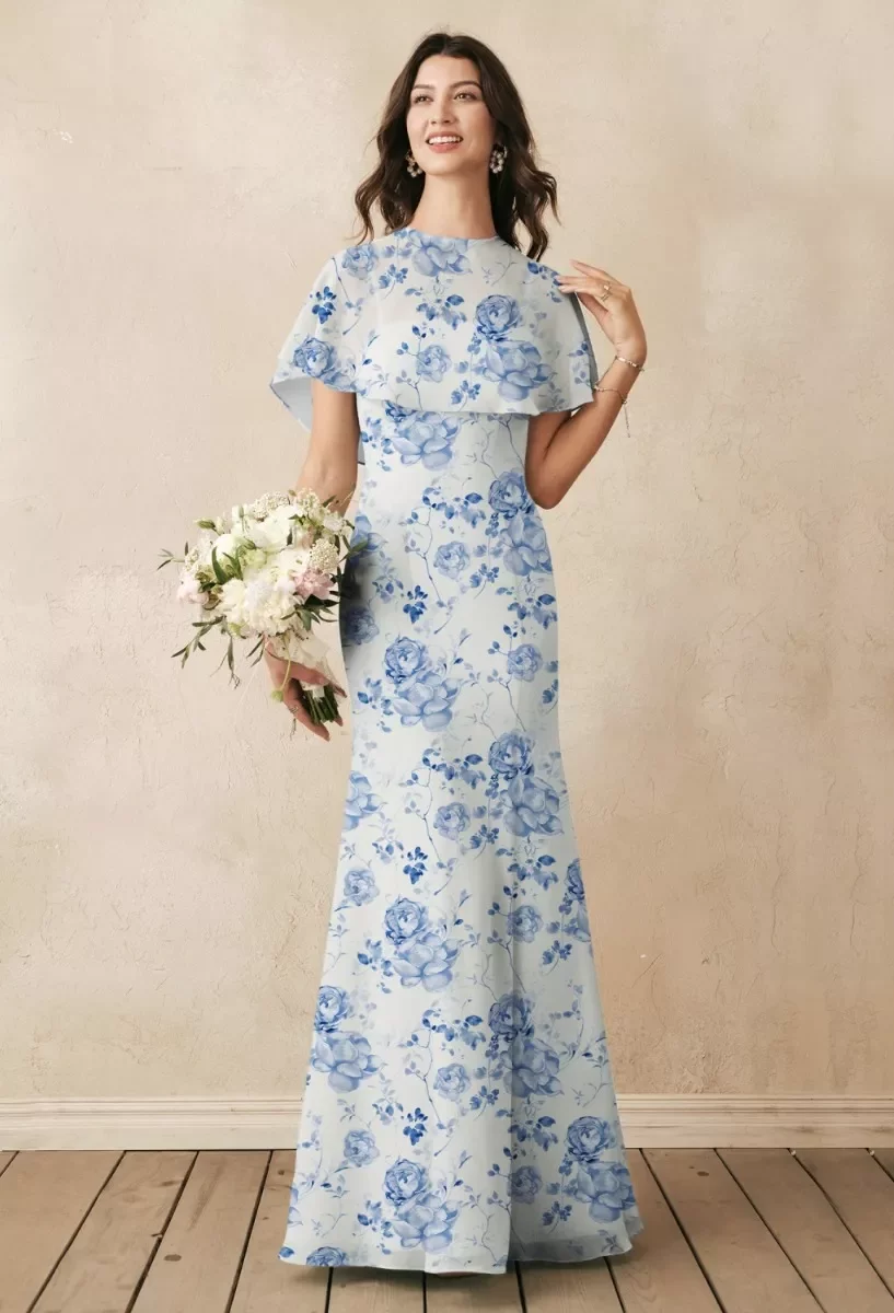 water stain on chiffon bridesmaid dress AW Myra Dress, Blue Botanical Floral Chiffon Floor Length Square Neckline Bridesmaid  Dresses
