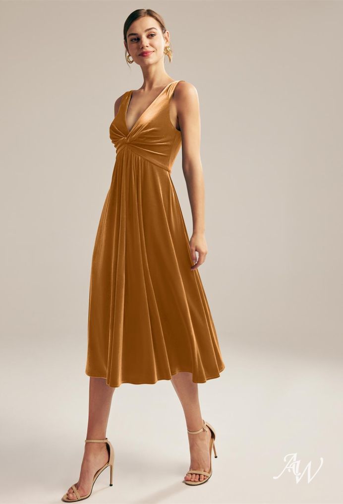 AW Floria Dress Burnished Gold Velvet Tea Length V Neck Bridesmaid Dresses AW.Bridal
