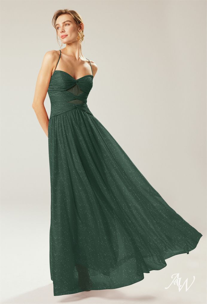 AW Hygea Dress, Hunter Green Glitter Mesh Floor Length Sweetheart  