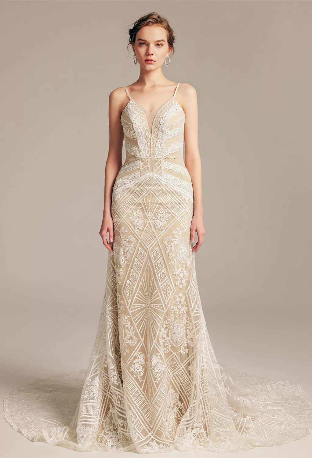 ivory lace halter dress Ivory High Neck Halter Lace Wedding Dress - Open Back Mermaid Wedding Dress with Floral Embroidery Plus Size main image 0