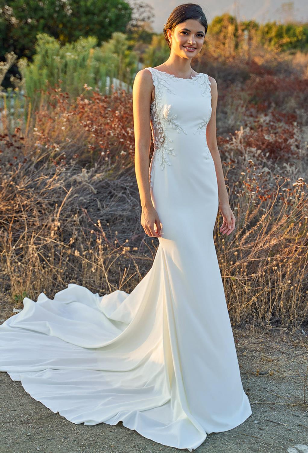 Lovely High-Neck Wedding Dress - Sheath with Back Button Detail