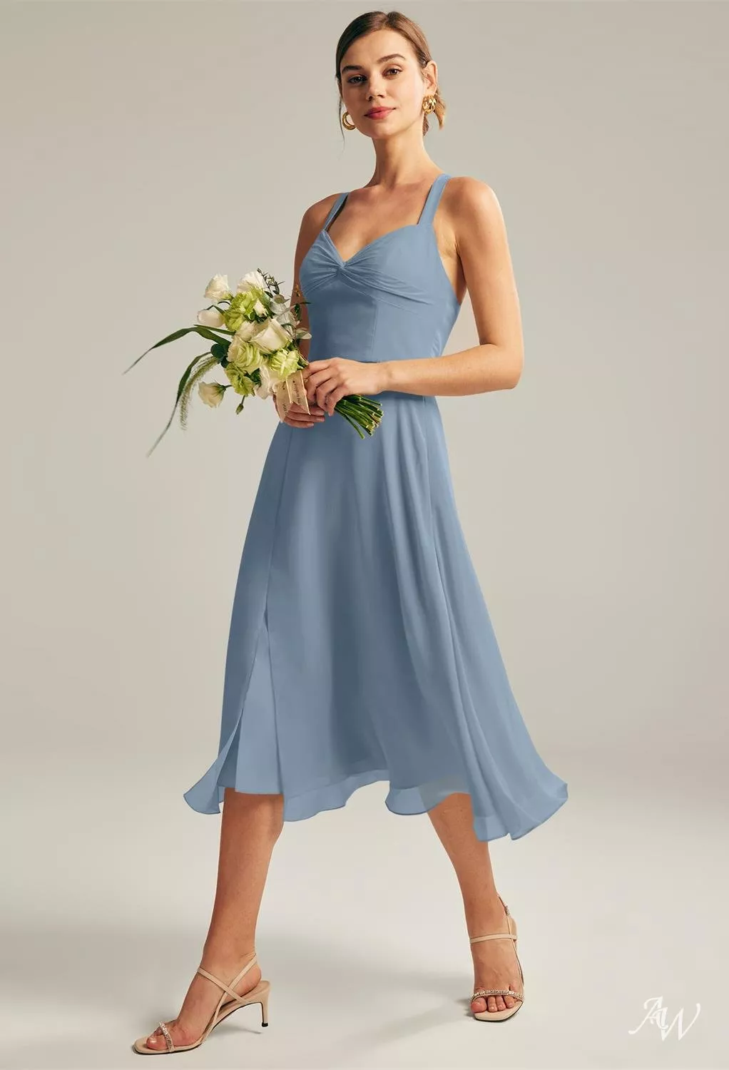 AW.Bridal A-line Sweetheart Neckline Tea Length Sleeveless Spaghetti Straps Crisscross Back Short Bridesmaid Dresses Dress Light Dusty Blue Size 18
