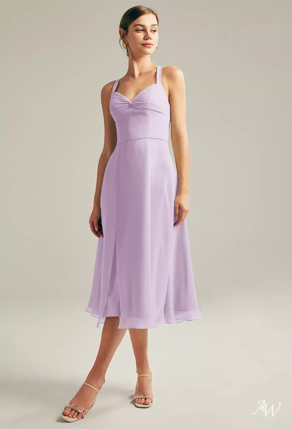 lilac tea length bridesmaid dresses AW.Bridal A-line Sweetheart Neckline Sleeveless Spaghetti Straps Crisscross Back Short Dress Size 8 Hollow to hem 58(147cm))