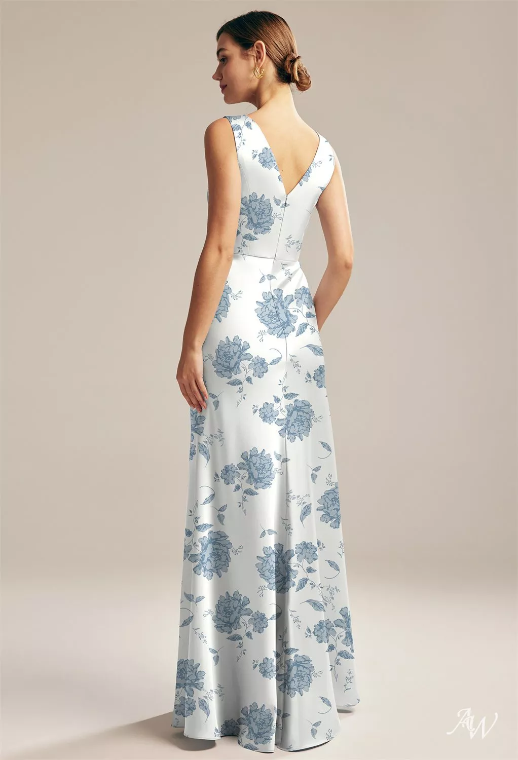 dusty blue pattern bridesmaid dress AW.Bridal Mermaid Cowl Neckline Floor Length Sleeveless Satin Floral Dresses Floral Peonies Size 16 while flutter sleeves add Color_Maroon Blue Belle Mini Dress Color:Emerald Green