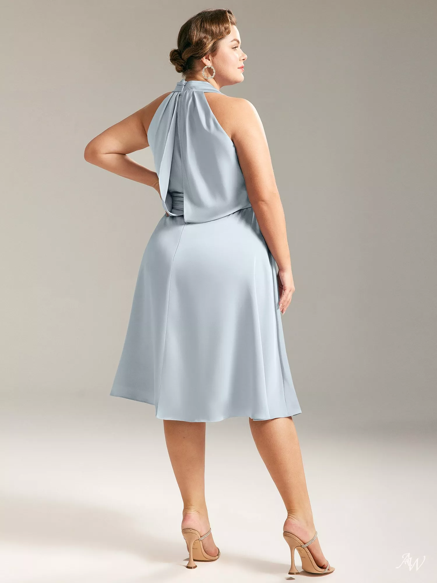 AW Mercy Dress, Taupe Satin Charmeuse Knee Length Halter Neckline Bridesmaid  Dresses | AW.Bridal