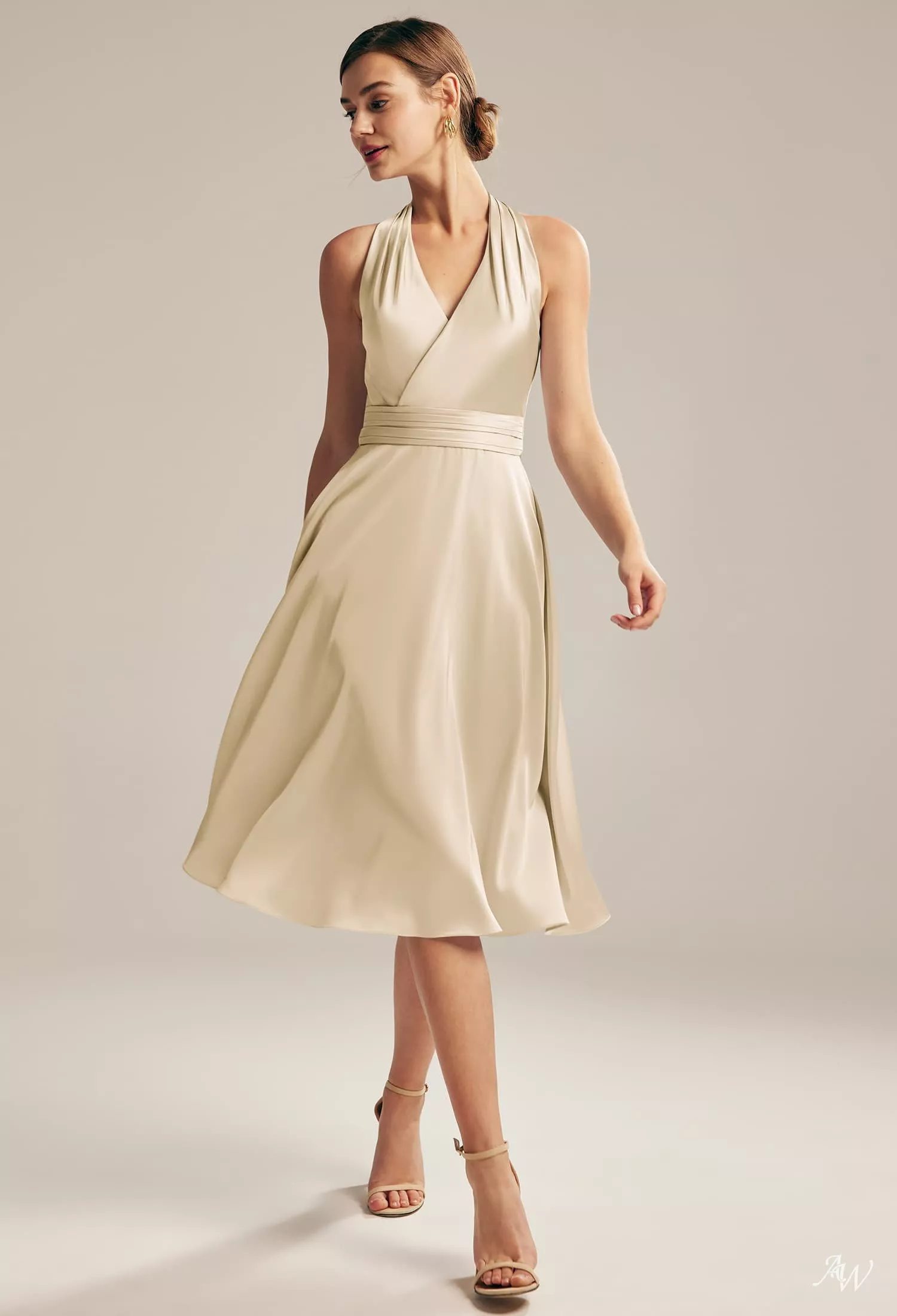 AW.Bridal A-line Halter Neckline Knee Length Sleeveless Satin Ruching Short Bridesmaid Dresses Dress Champagne Plus Size 18
