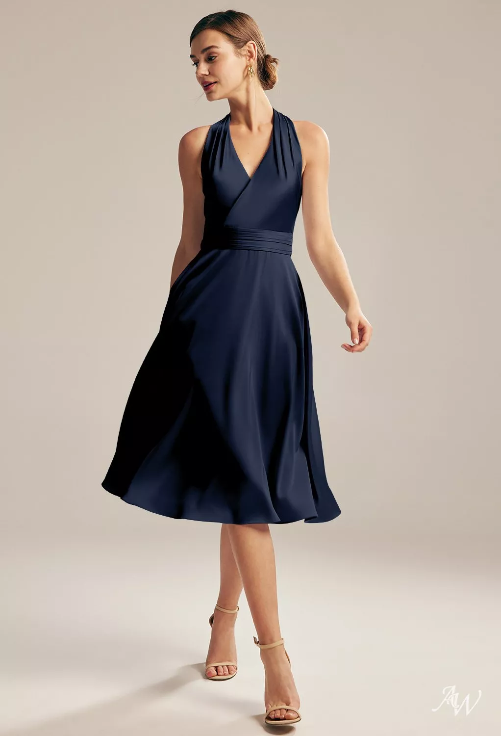 knee length navy blue bridesmaid dresses AW Mercy Dress, Taupe Satin Charmeuse Halter Neckline short dark blue dress
