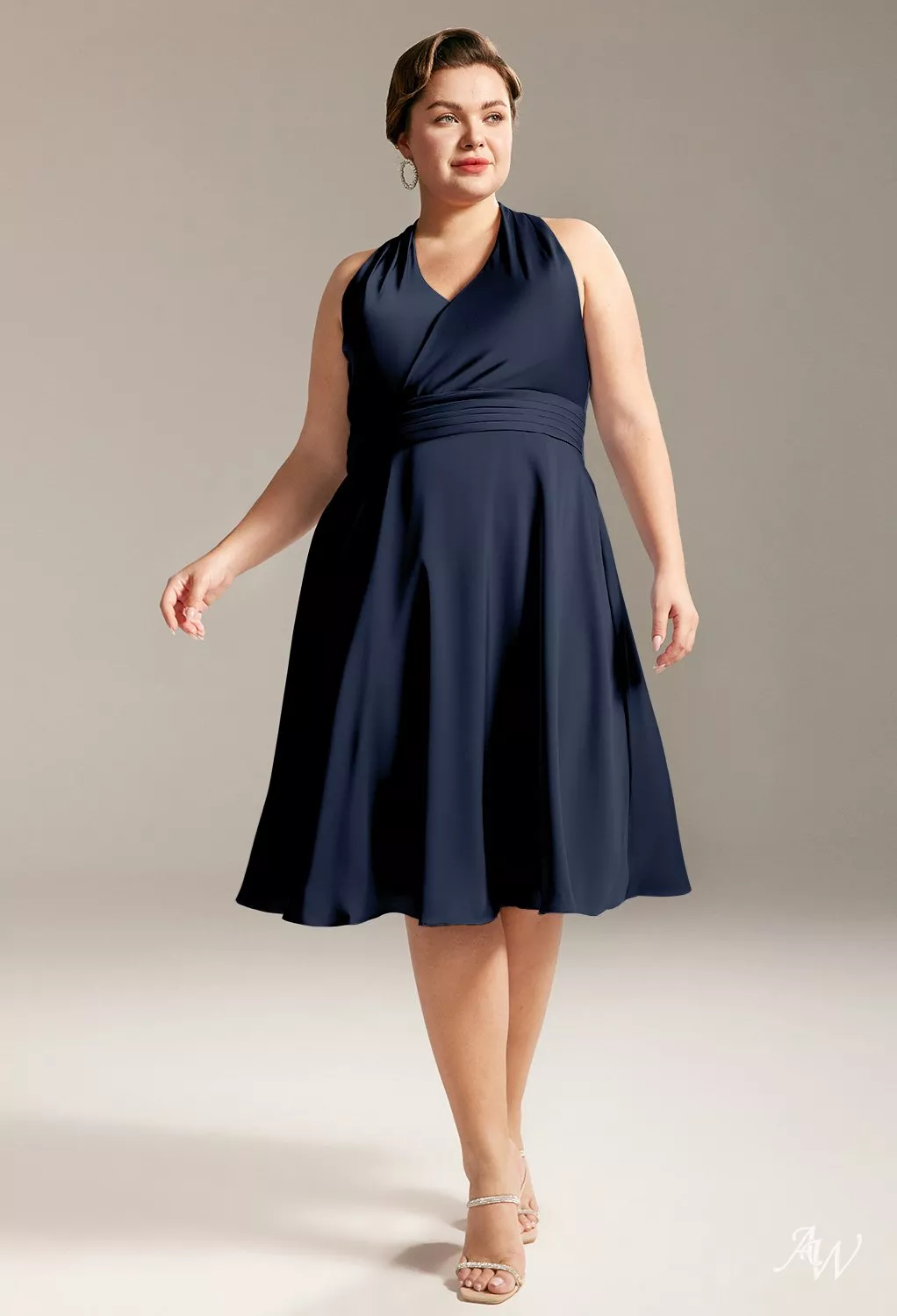 AW Mercy Dress, Taupe Satin Charmeuse Knee Length Halter Neckline Bridesmaid  Dresses | AW.Bridal