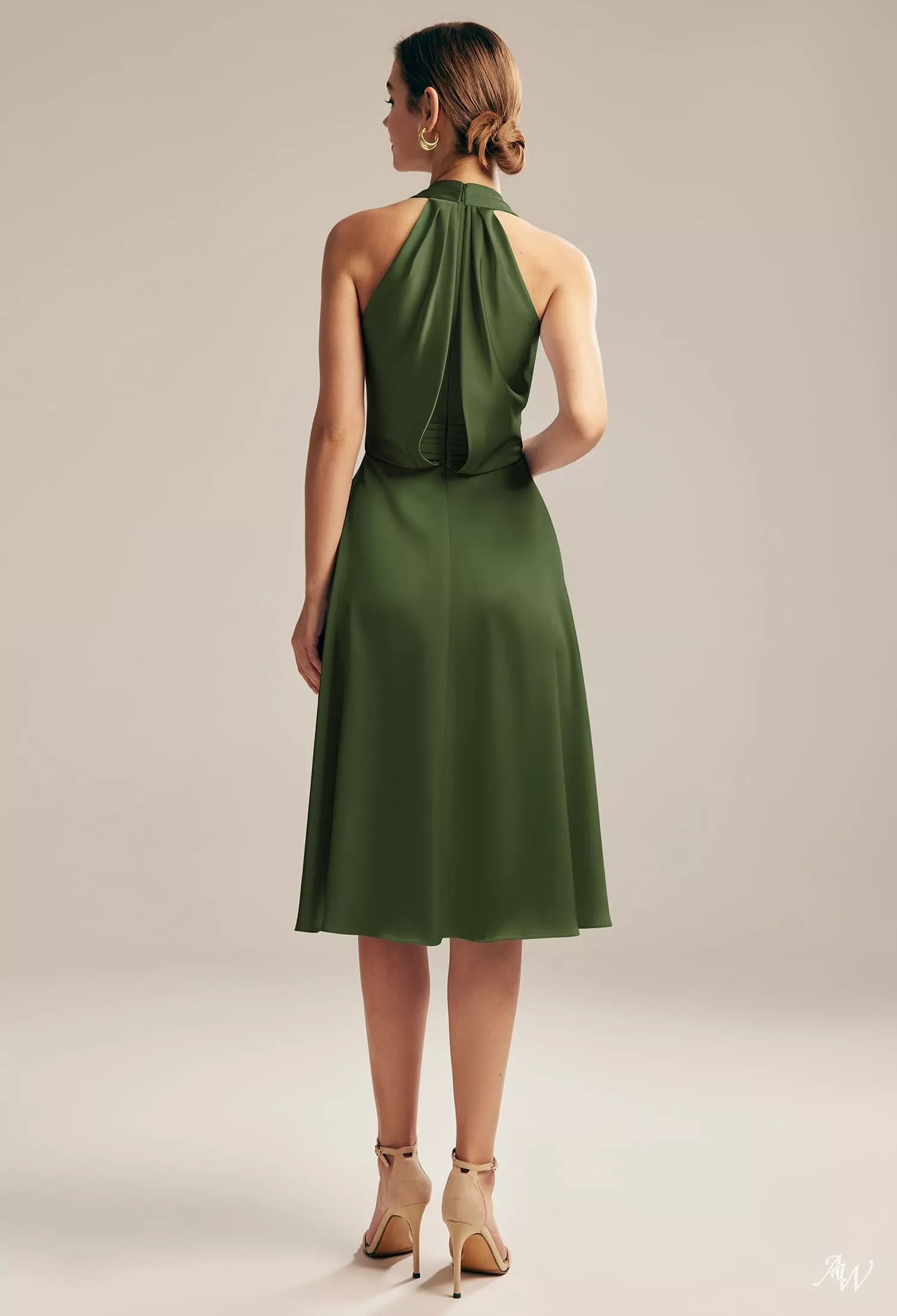 AW Mercy Dress, Taupe Satin Charmeuse Knee Length Halter Neckline  Bridesmaid Dresses | AW.Bridal
