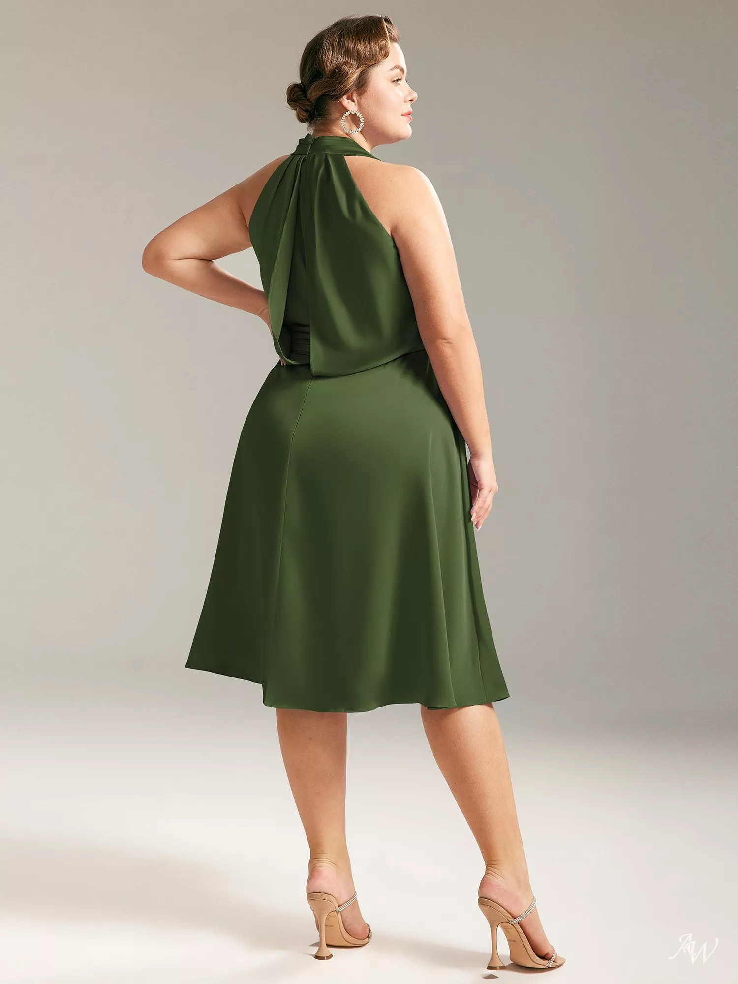 AW Mercy Dress, Taupe Satin Charmeuse Knee Length Halter Neckline Bridesmaid  Dresses | AW.Bridal