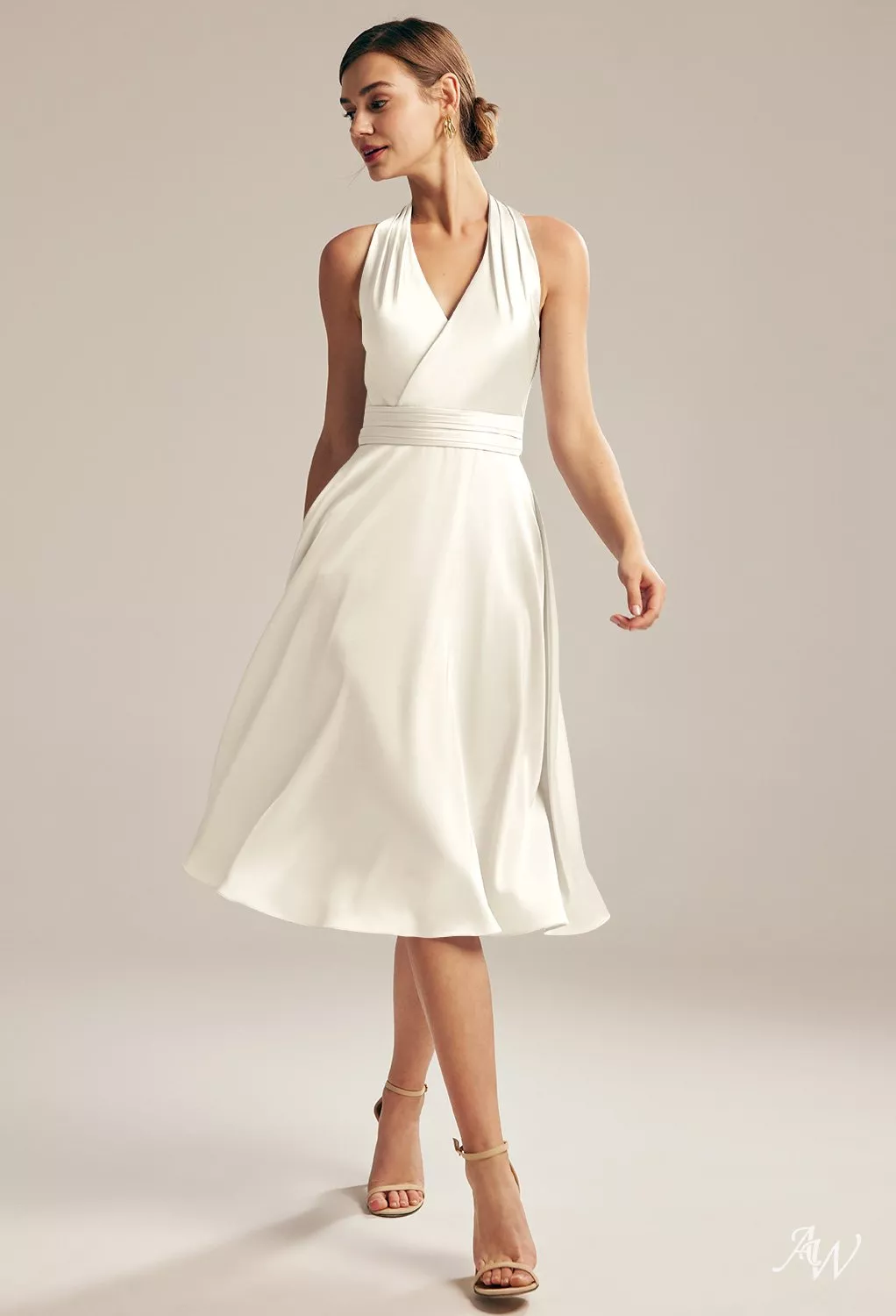 AW.Bridal A-line Halter Neckline Knee Length Sleeveless Satin Ruching Short Bridesmaid Dresses Ivory Size 8
