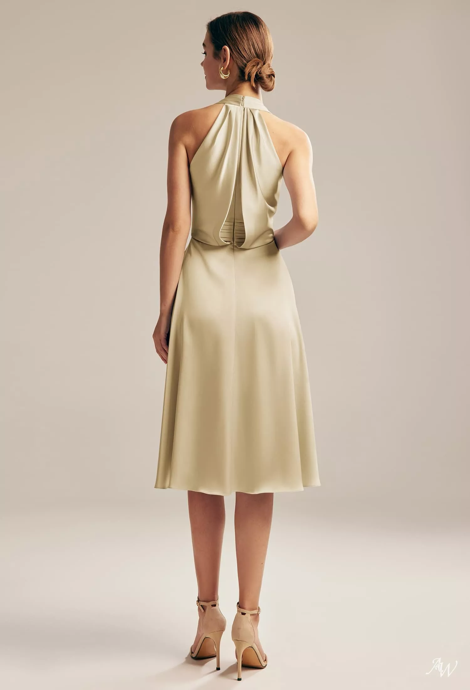 gold knee length bridesmaid dresses AW.Bridal A-line Halter Neckline Sleeveless Satin Ruching Plus Size Dress Light Size 8 length A