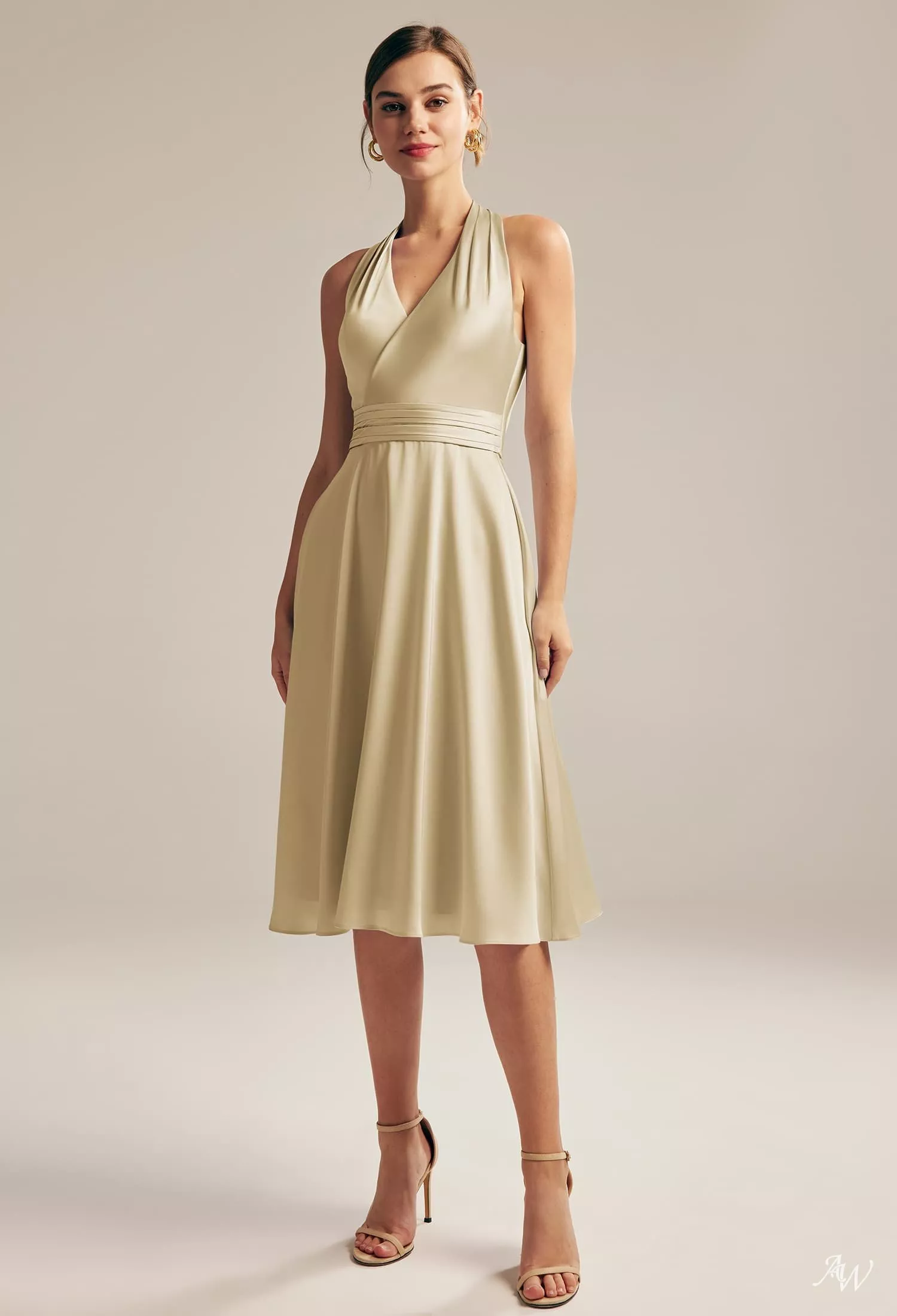 AW Mercy Dress, Taupe Satin Charmeuse Knee Length Halter Neckline  Bridesmaid Dresses | AW.Bridal