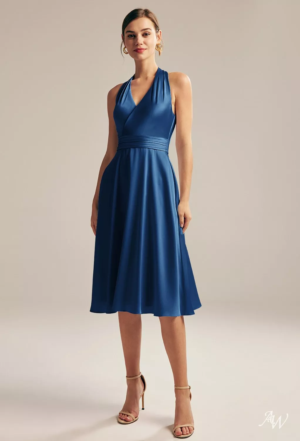 navy blue knee length bridesmaid dresses AW.Bridal A-line Halter Neckline Sleeveless Satin Ruching Plus Size Dress Plus Size 18 4 inch / 100