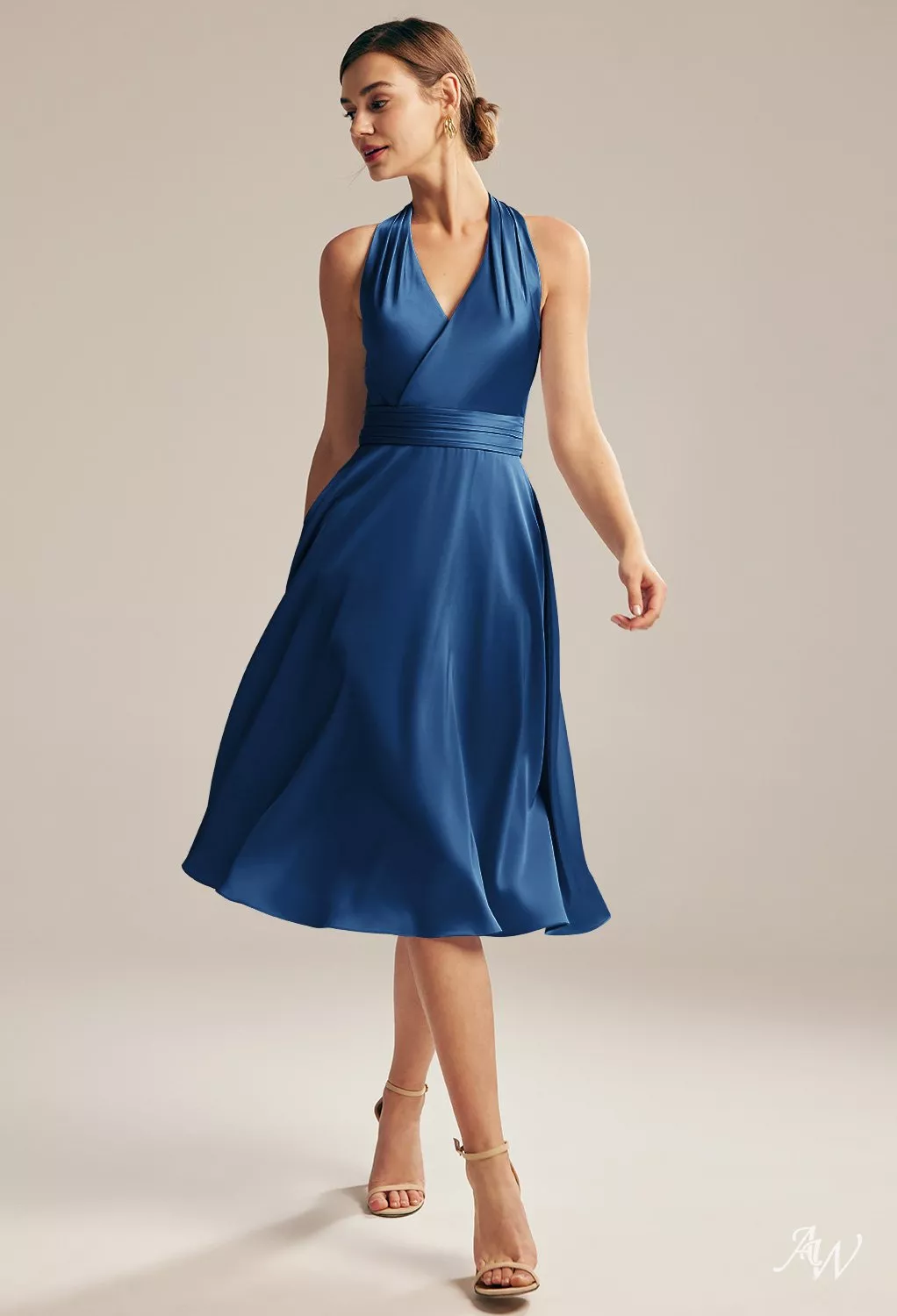 AW.Bridal A-line Halter Neckline Knee Length Sleeveless Satin Ruching Plus Size Dresses Dress Navy Plus Size 18