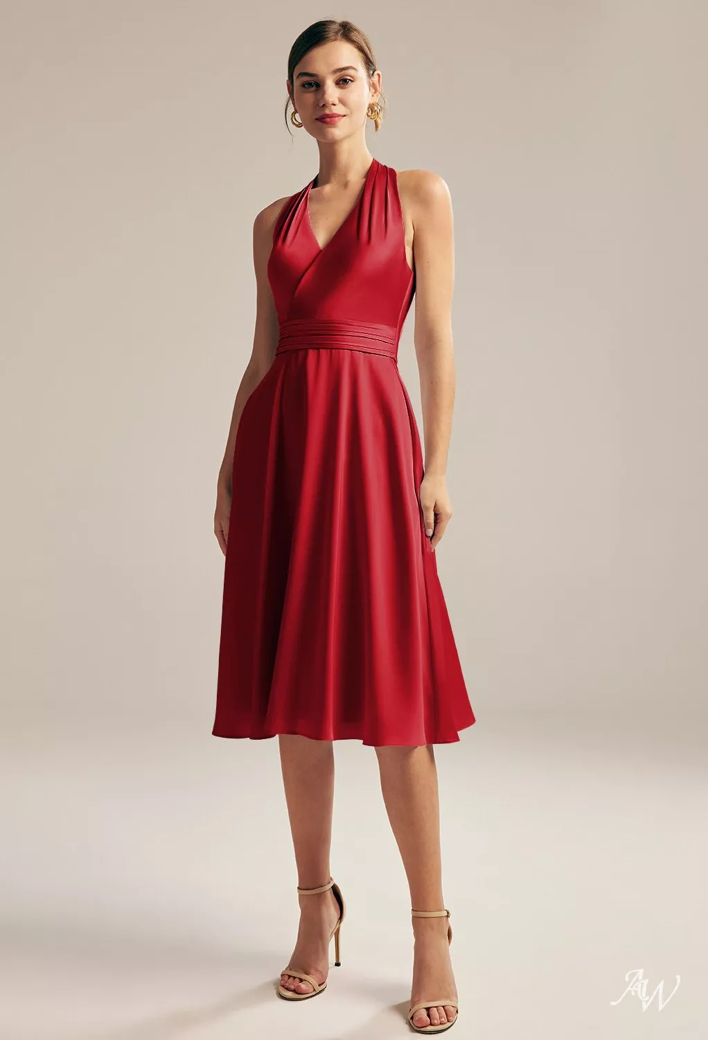 satin charmeuse halter cocktail dress AW.Bridal A-line Neckline Knee Length Sleeveless Ruching Plus Size Dresses Tango Red Plus Size 18 no-return-only-exchange