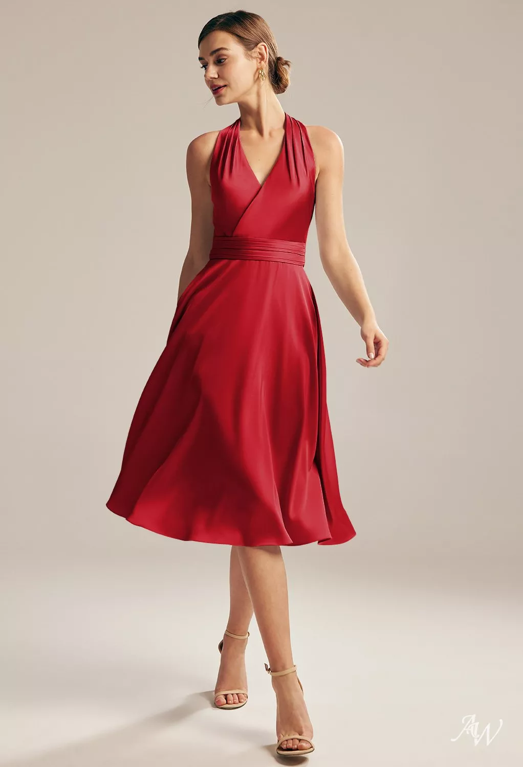 red knee length halter dress AW.Bridal A-line Neckline Sleeveless Satin Ruching Plus Size Dresses Tango Plus Size 18 Fit Model is 57