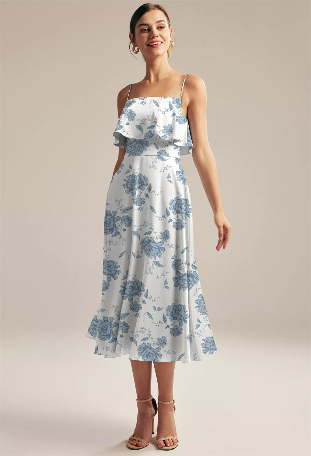 Dusty Blue Peonies Beach Wedding Guest Dresses | AW.Bridal