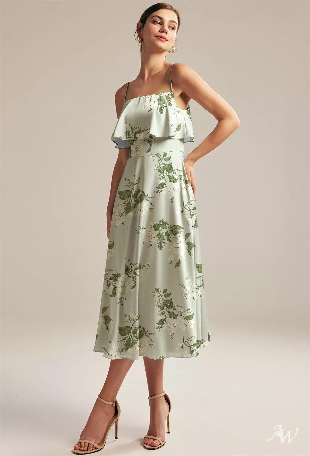 AW.Bridal A-Line Square Neckline Tea Length Sleeveless Spaghetti Straps Satin Ruffles Floral Wedding Guest Dresses Sage Garden Party Size 8
