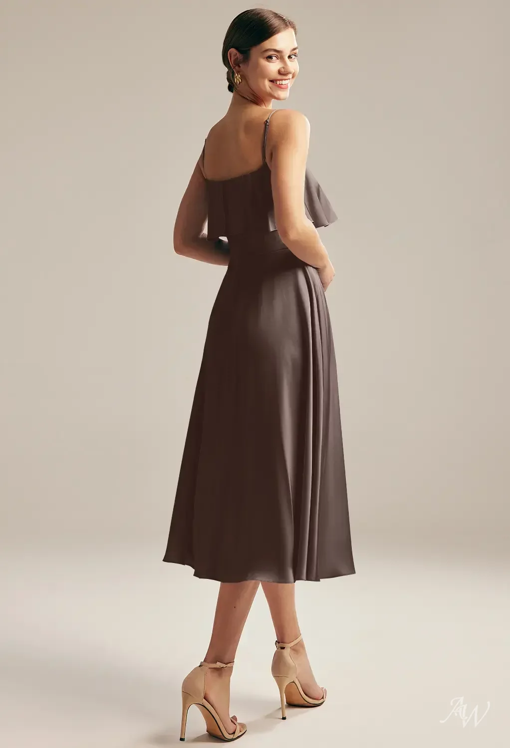 AW.Bridal A-line Square Neckline Tea Length Sleeveless Spaghetti Straps Satin Ruffles Short Bridesmaid Dresses Seal Brown Size 18