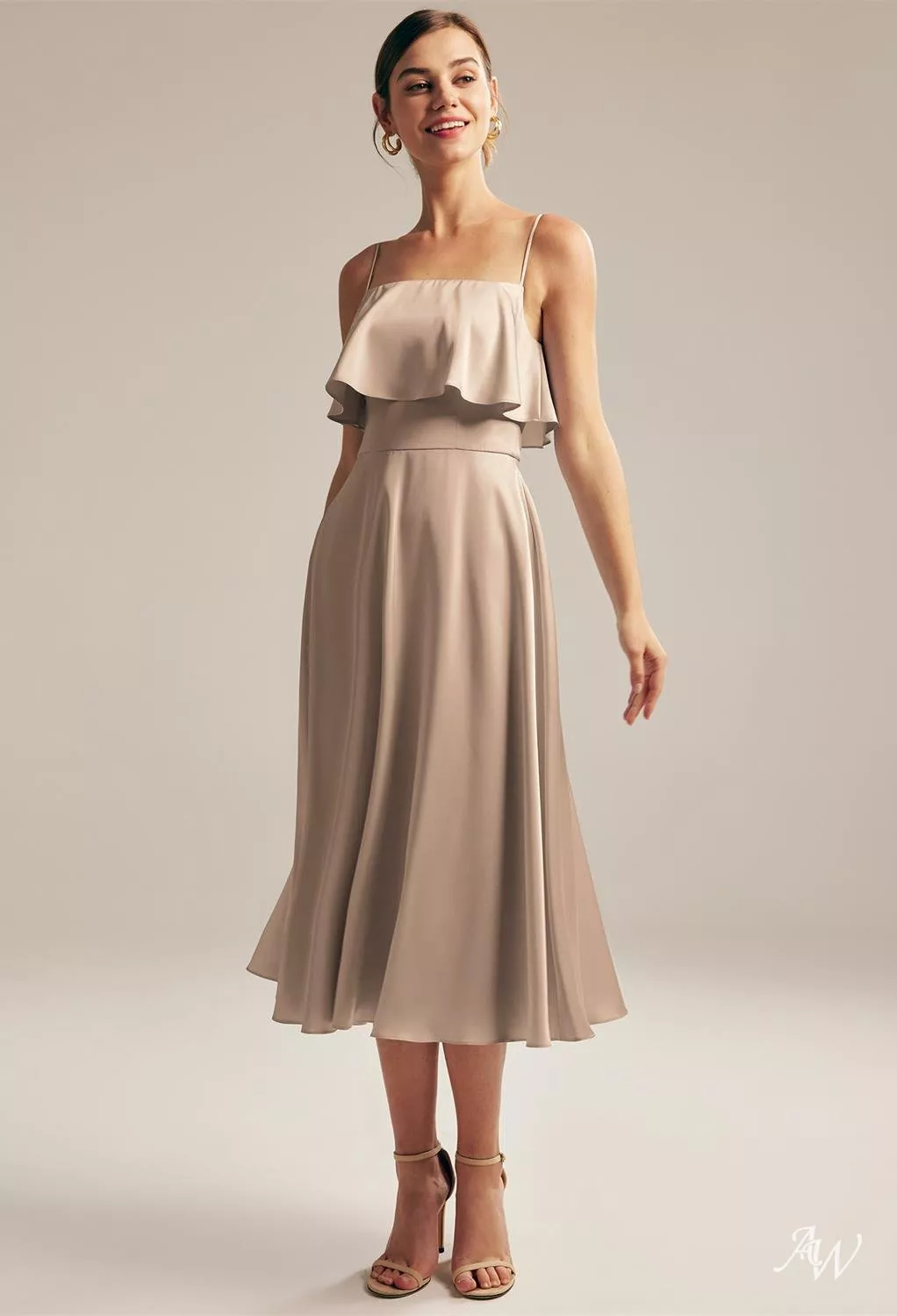 AW.Bridal A-line Square Neckline Tea Length Sleeveless Spaghetti Straps Satin Ruffles Short Bridesmaid Dresses Dress Taupe Size 8