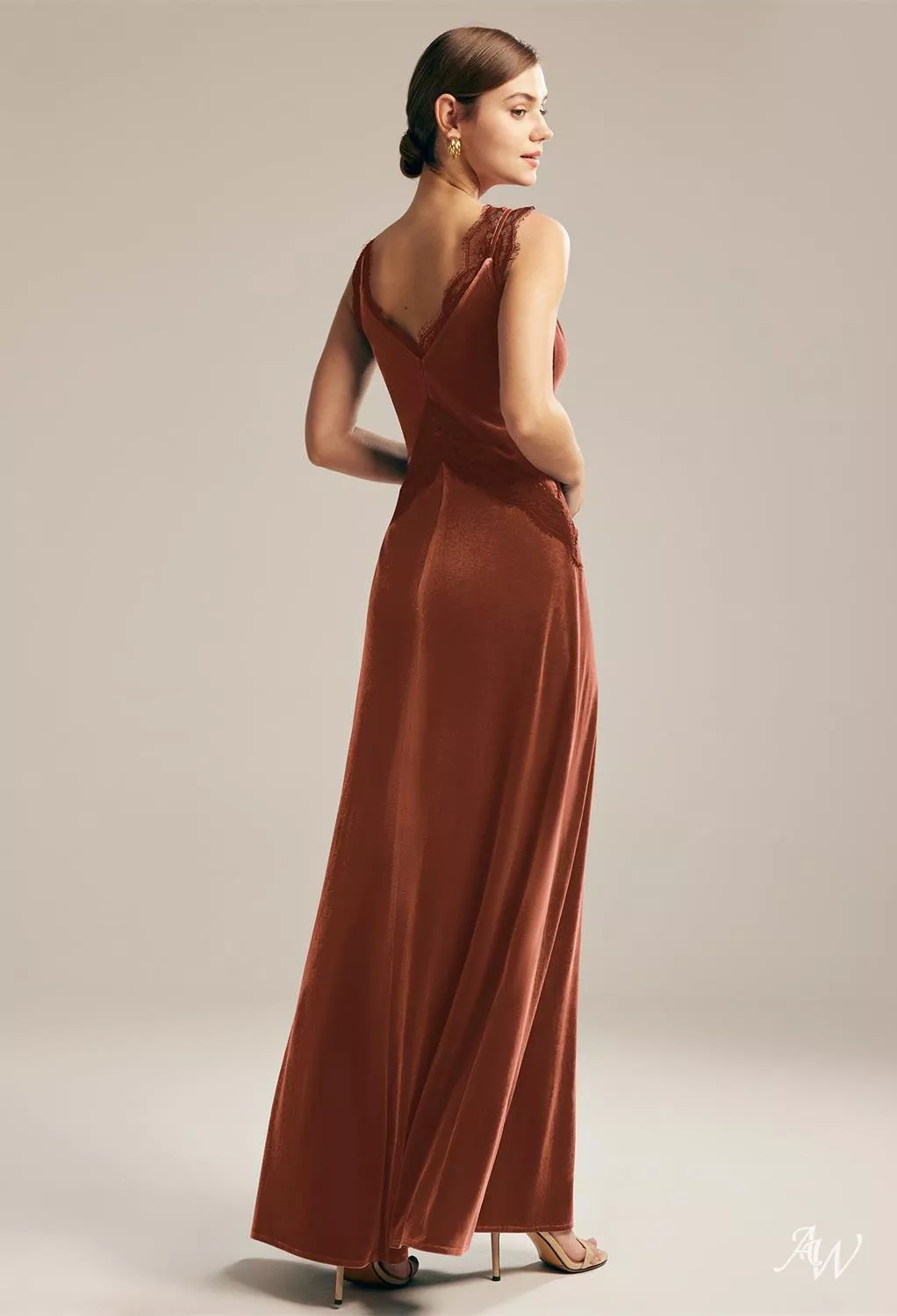 AW.Bridal A-Line V-Neck Floor Length Sleeveless Cutout Wedding Guest Dresses Dress Burnt Orange Size 8