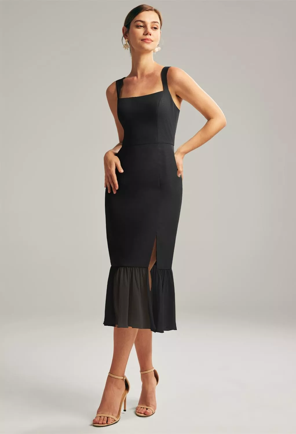 black midi dresses for wedding Black Spaghetti Strap Midi Dress With Contrast Piping Wedding Guest Dr –  VOS LEE main image 1