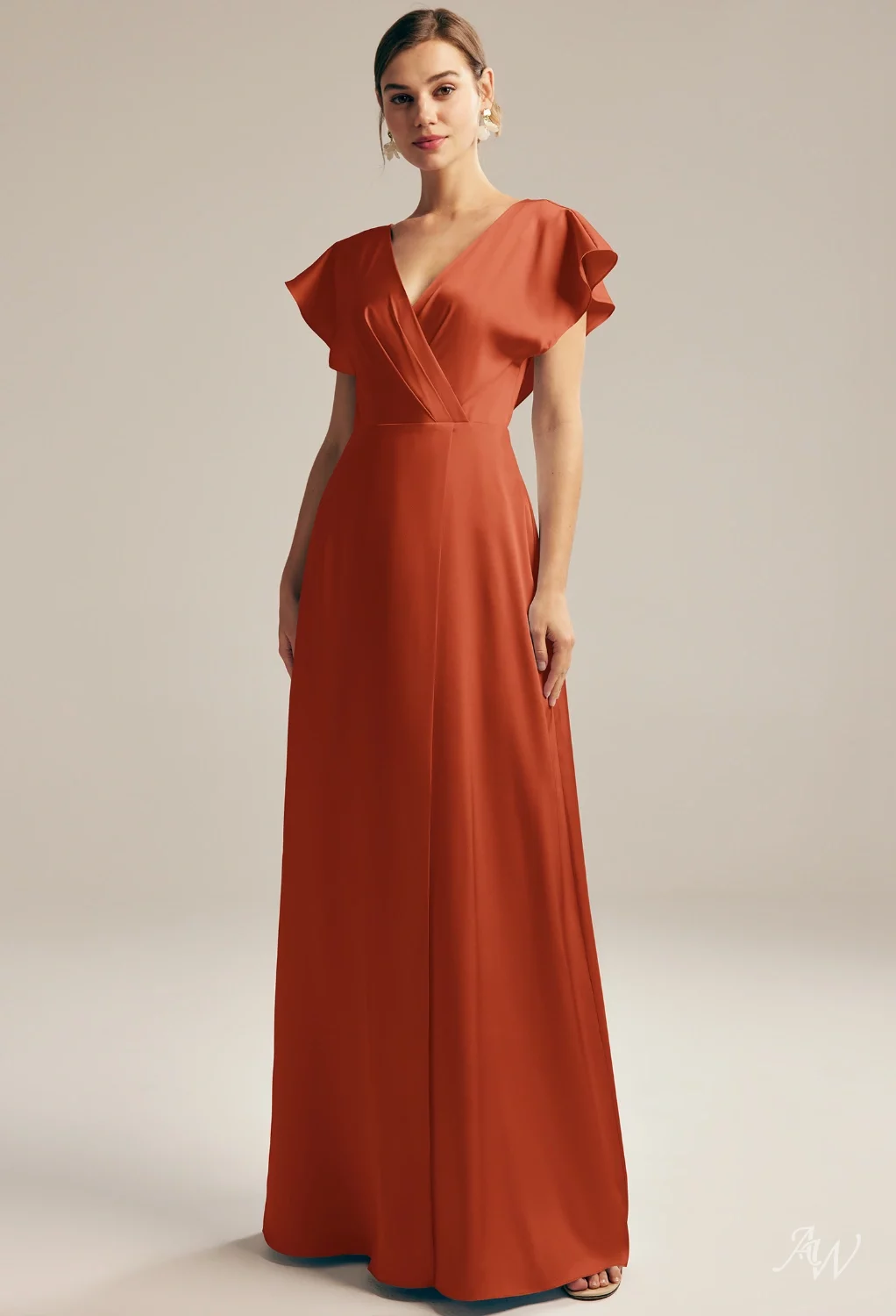tangerine bridesmaid dresses AW.Bridal A-line V-Neck Floor Length Short Sleeves Satin Plus Size Dress Size 6 Shades of the Sea Ruching Split Black Dress With Thigh Size:16 x 36