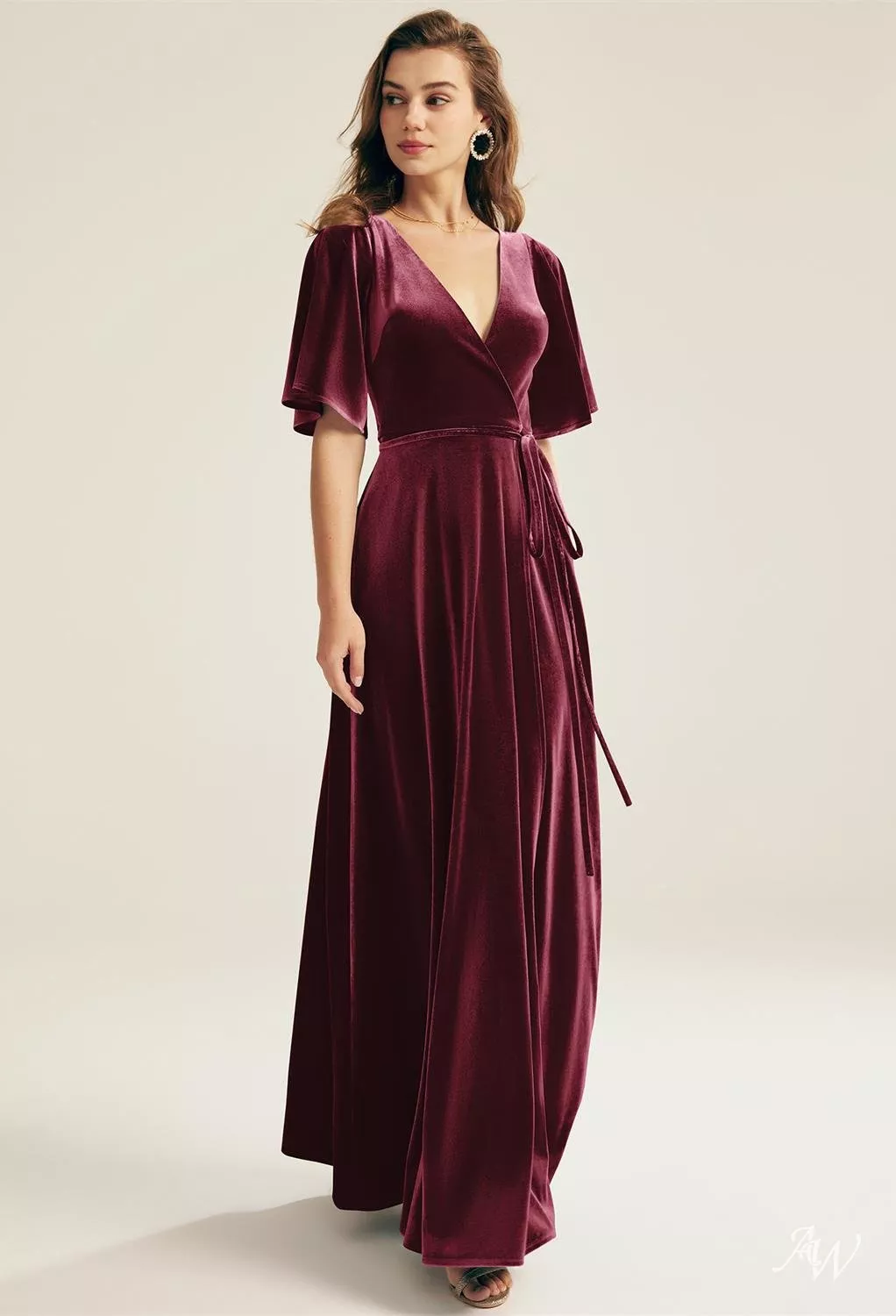 AW.Bridal A-line V-Neck Floor Length Short Sleeves Long Bridesmaid Dresses Dress Burgundy Size 4