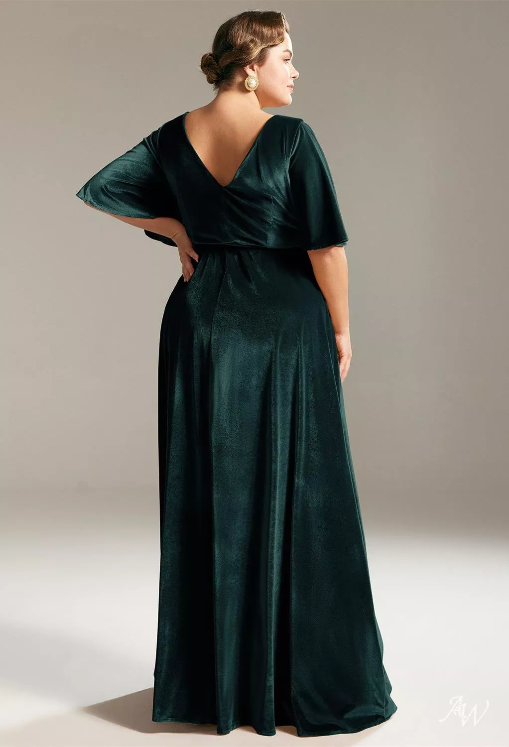 AW.Bridal A-line V-Neck Floor Length Short Sleeves Plus Size Dresses Dress Hunter Green Size 16