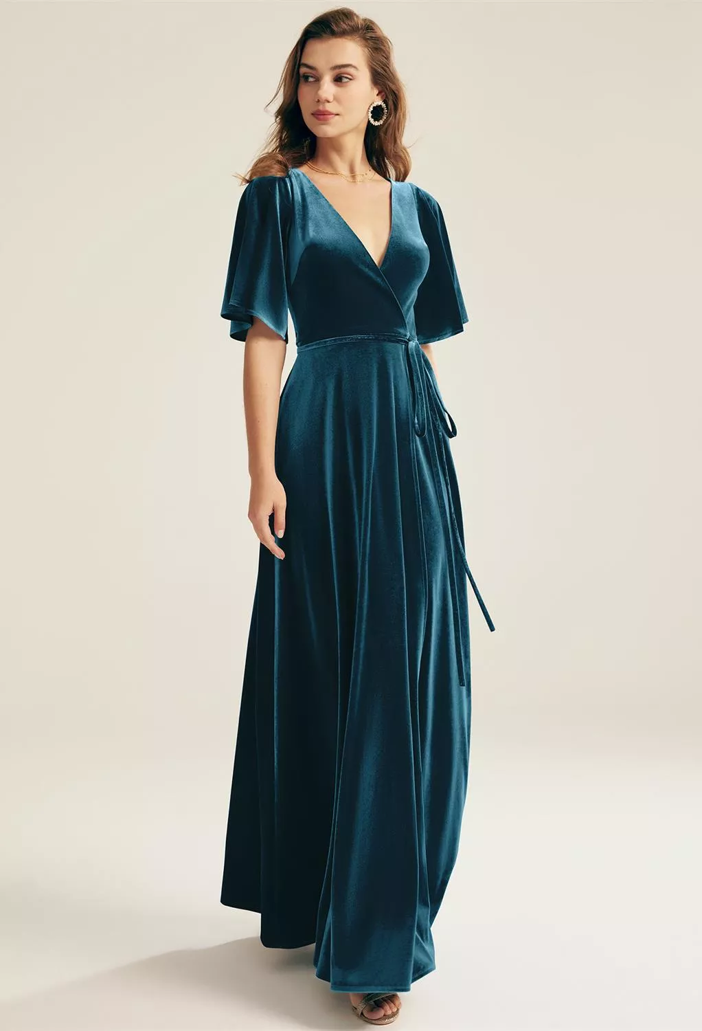 navy wrap bridesmaid dress Navy Coast Wrap Waist Short Sleeve Bridesmaid Maxi Dress