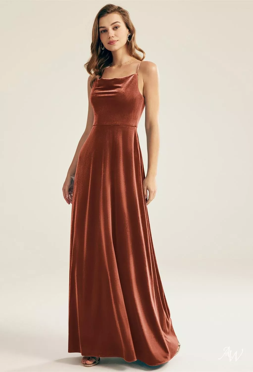 AW.Bridal A-line Cowl Neckline Floor Length Sleeveless Spaghetti Straps Long Bridesmaid Dresses Dress Burnt Orange Size 16