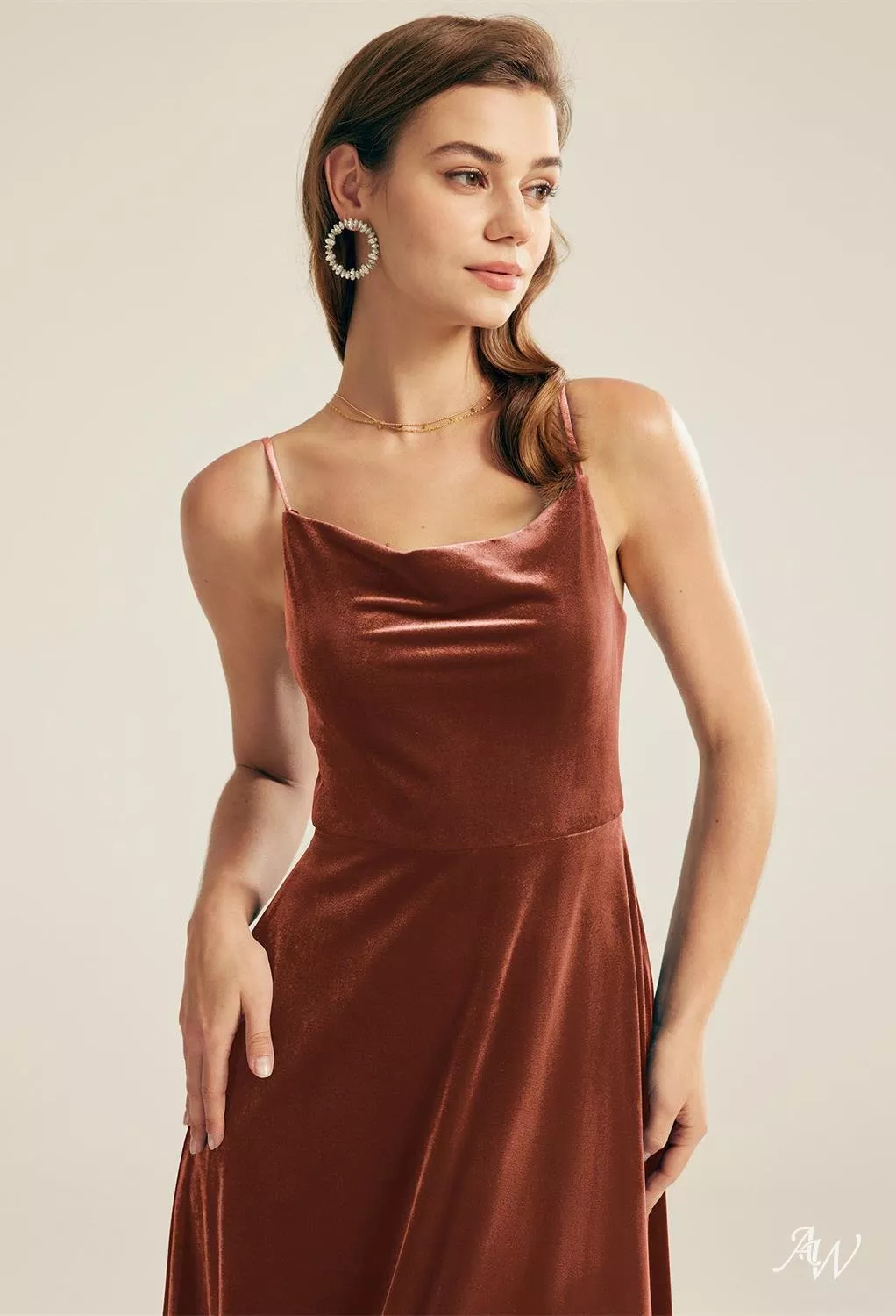 burnt orange cowl neck dress Women's Cowl Neck Sleeveless Satin Midi Dress, Bronze